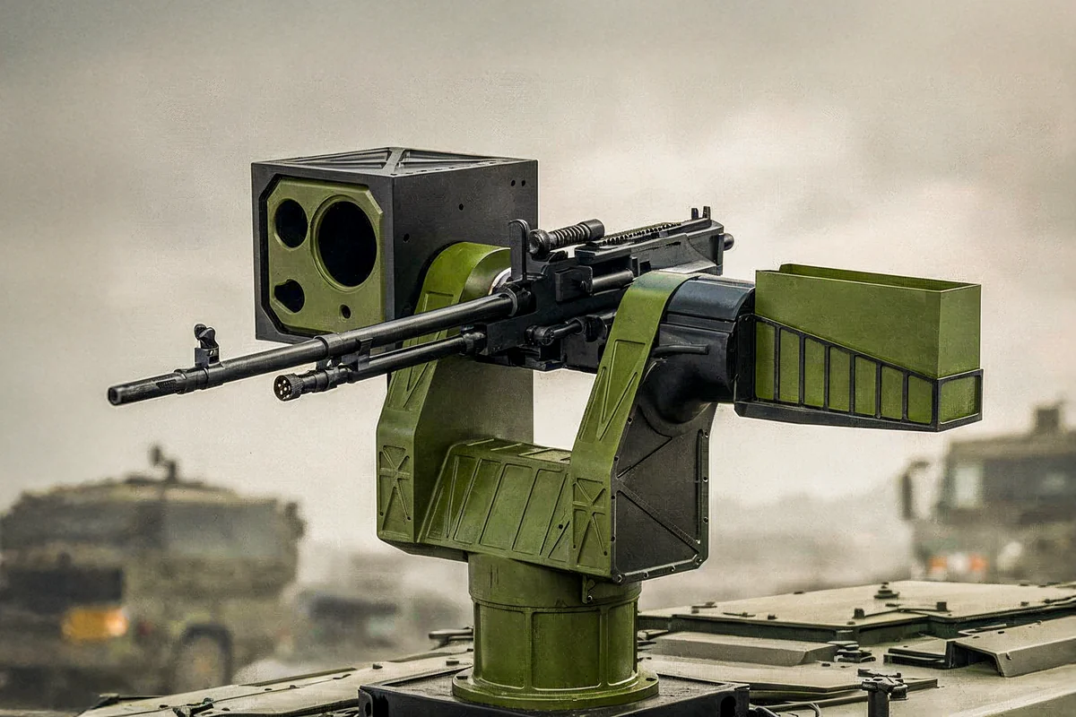 Remote weapon station mounted on a military vehicle