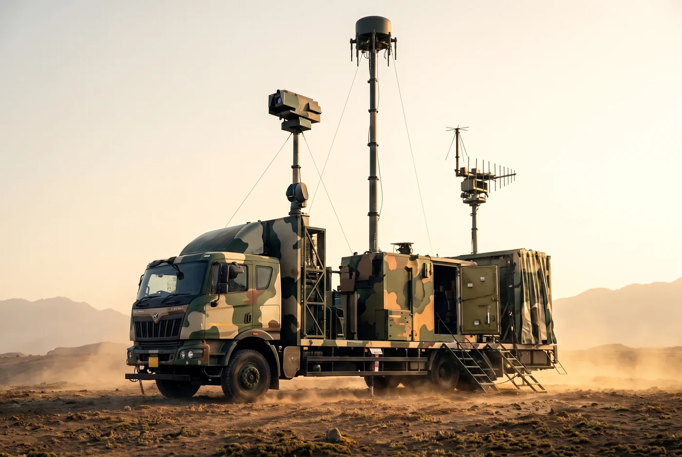 Anti-drone command vehicle in a desert environment