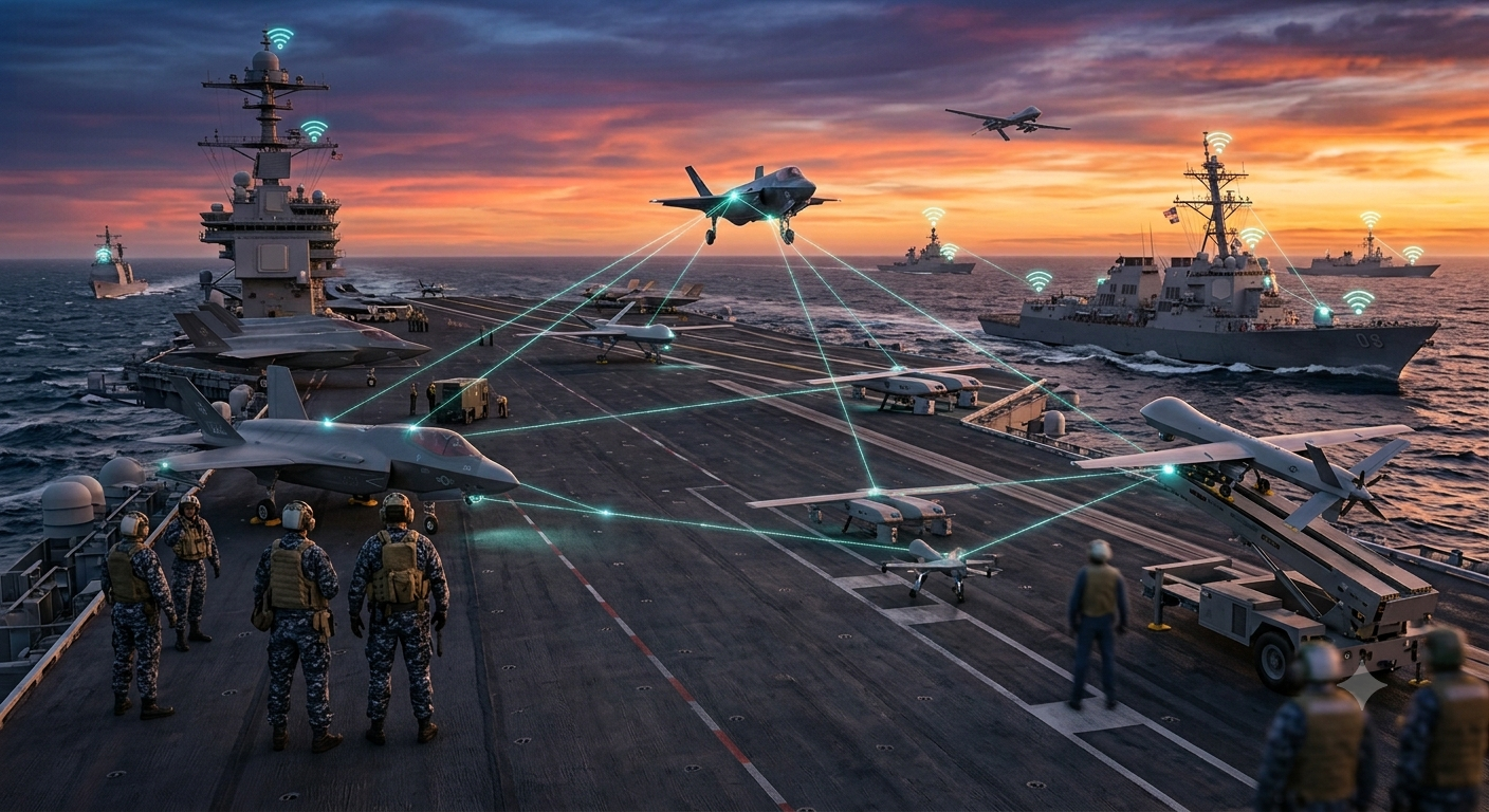 Naval carrier strike group with networked aircraft and ships at sunset