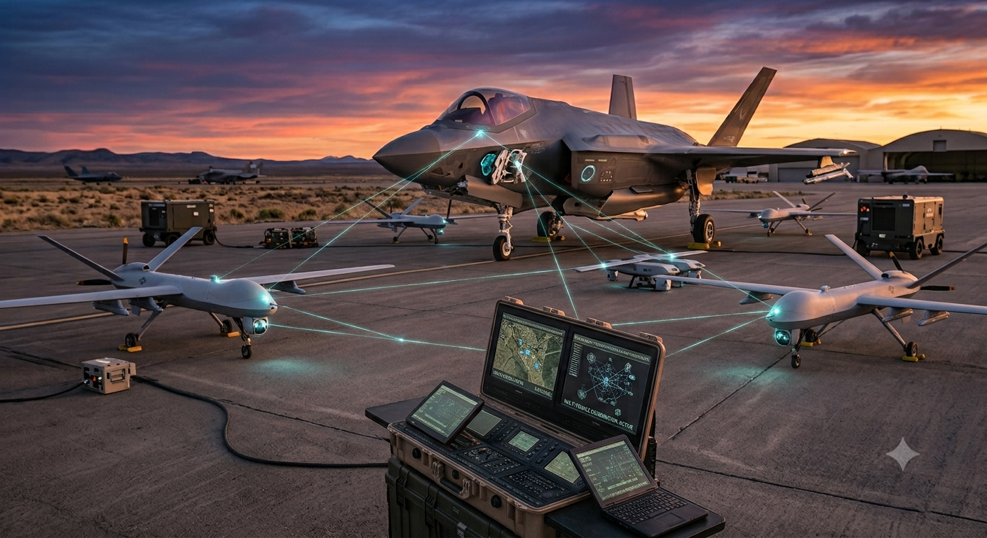 Fifth-generation fighter and networked unmanned aerial vehicles on an airbase at sunset