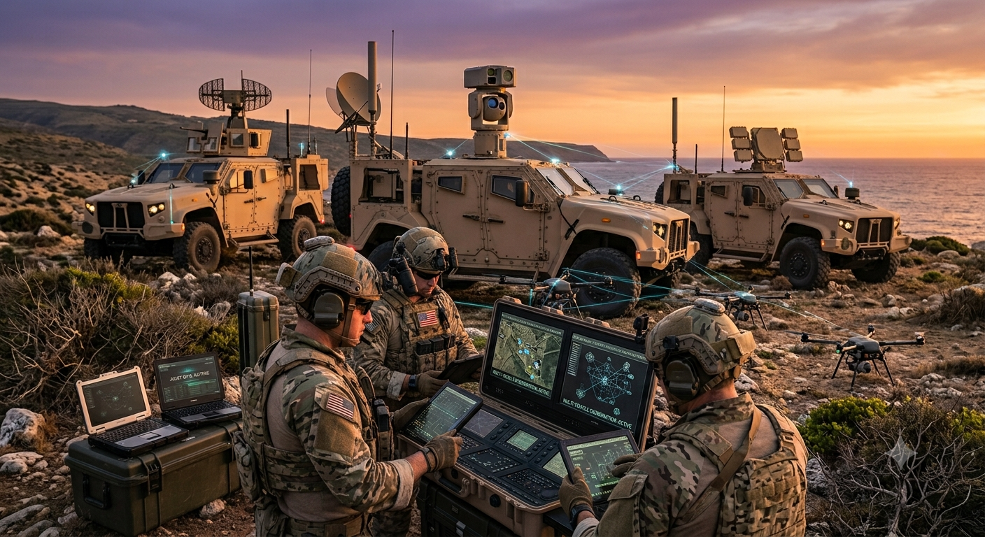 Soldiers operating tactical command systems with armoured vehicles at sunset